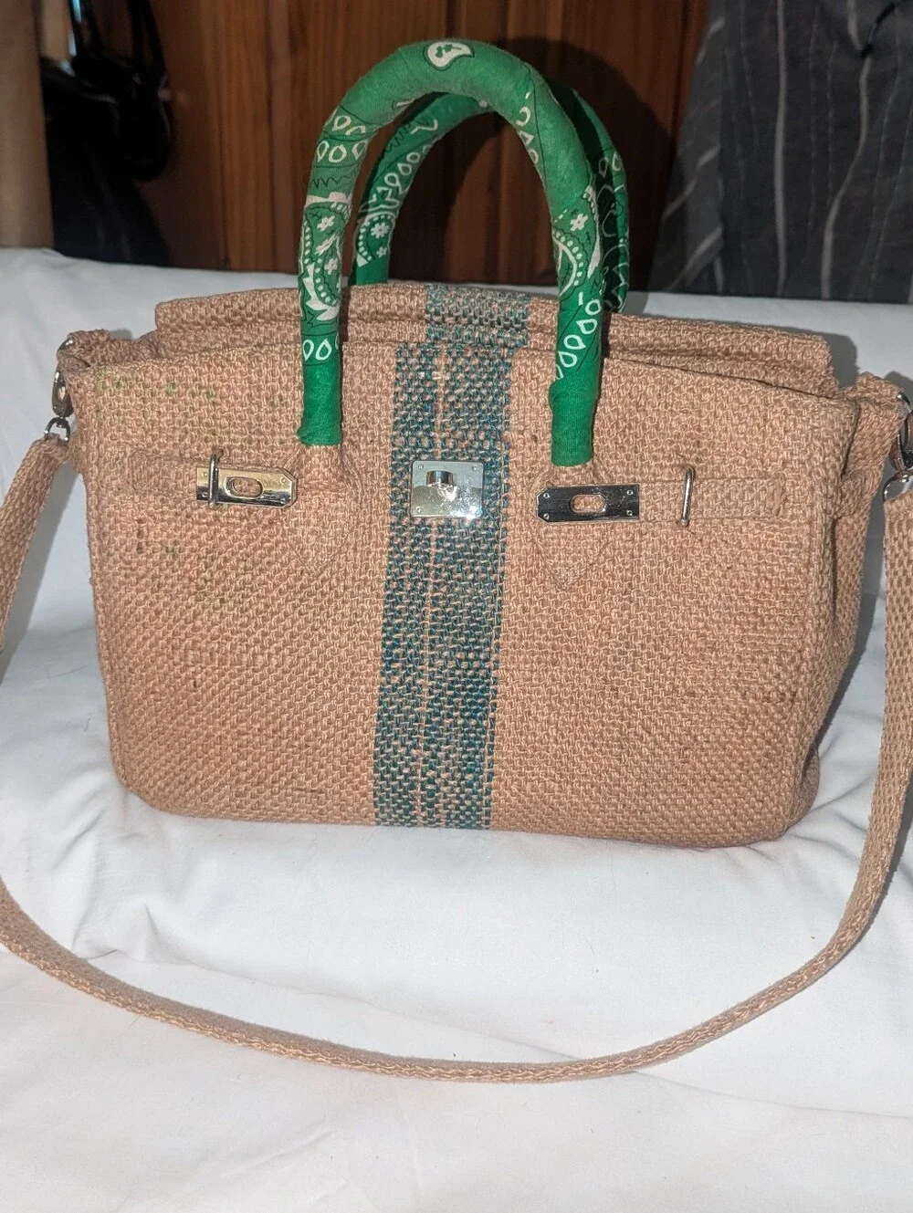 Woven Paris Jute Burlap Satchel Bag with Green Bandana Wrapped Handles Accent